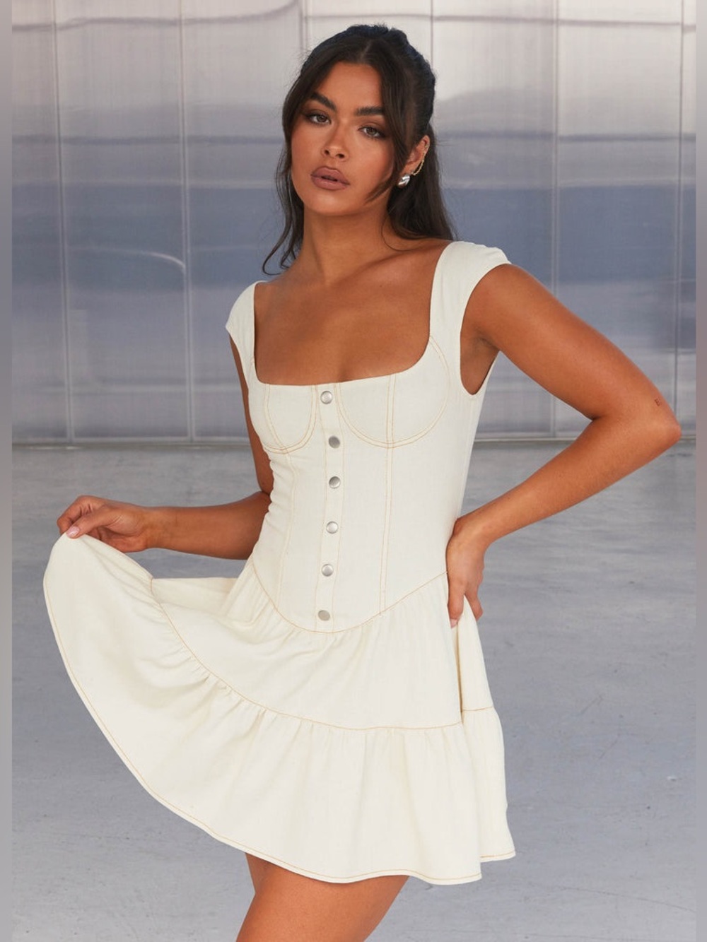 Peppermayo Cream Tiered Mini Dress with Button Front - Picture 2 of 12